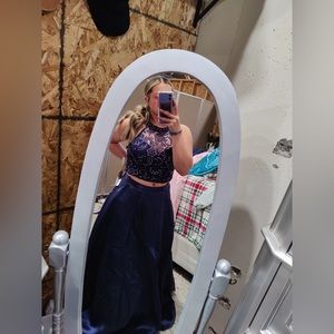 Two Piece Navy Blue Prom Dress